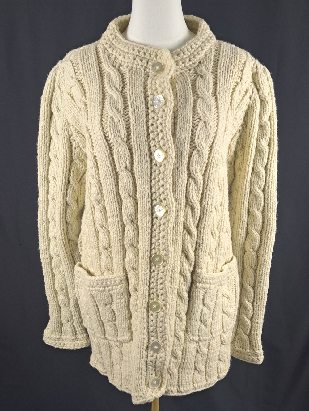 VTG Handmade Chunky Ivory Aran Fisherman Cable Knit Button Cardigan Sweater L